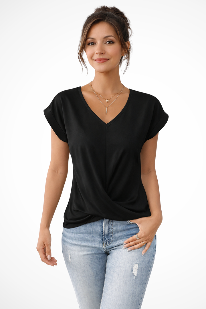 Fashionable women's V-neck blouse, short sleeve with a flattering twist hem detail.