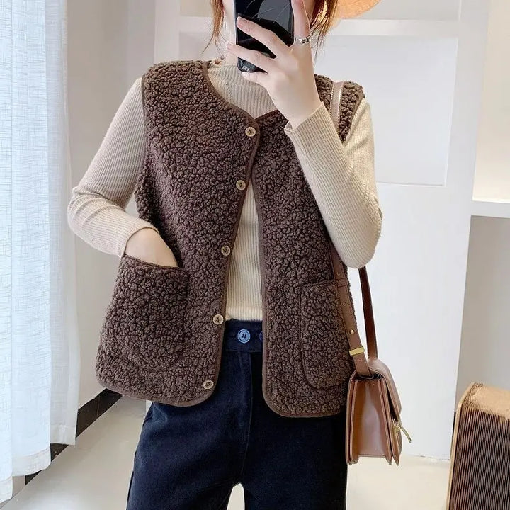 Chic women's V-neck sleeveless vest, perfect for fall layering & casual everyday wear.