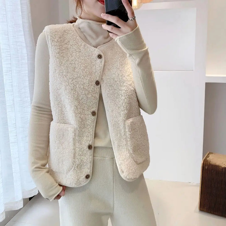 Versatile women's sleeveless cardigan vest with V-neck, button-front, and pockets for layering.