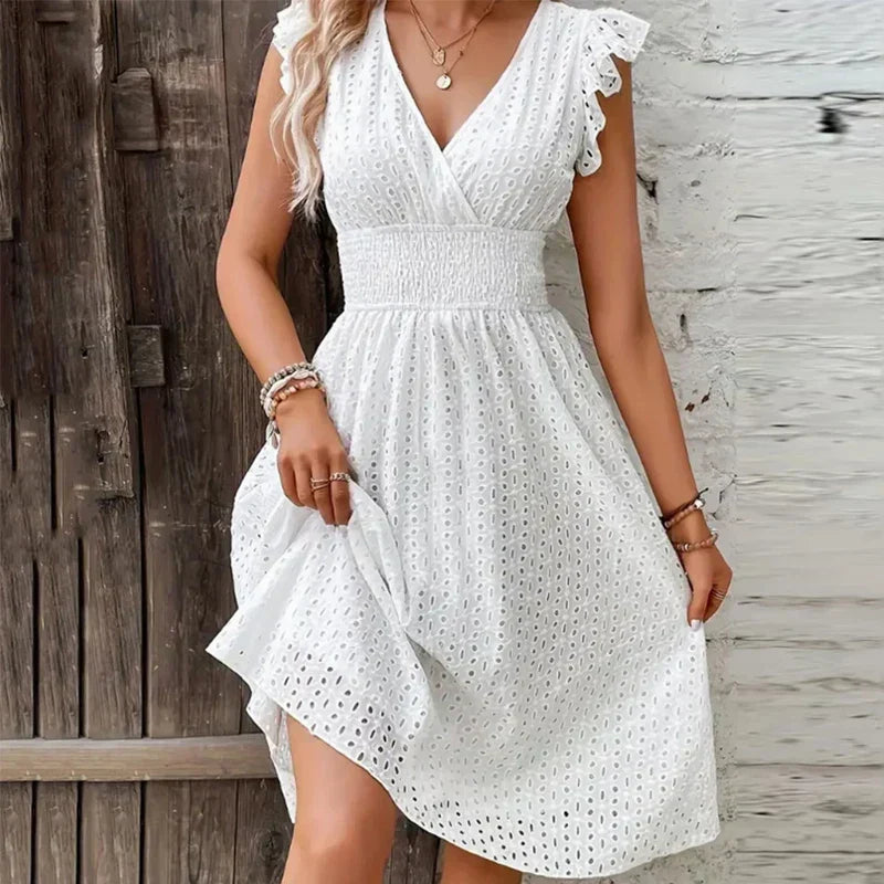 Women's V-neck summer dress, breezy A-line fit, perfect for casual wear or vacation.