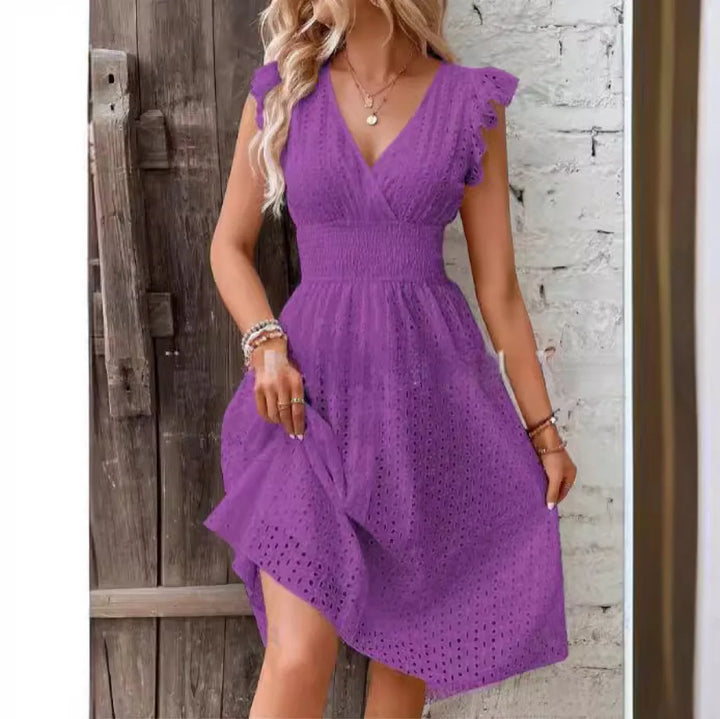 Trendy women's V-neck A-line summer midi dress, ruffle sleeves, essential for summer fashion.
