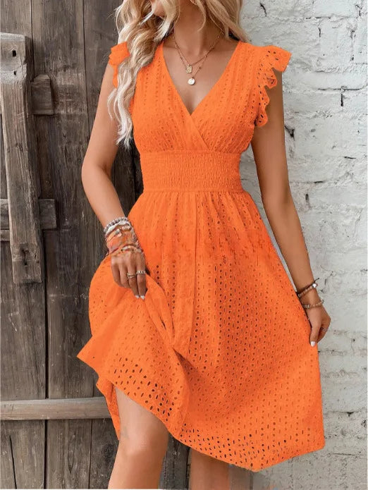 Comfortable & breezy V-neck A-line midi dress for women, perfect casual summer wear.