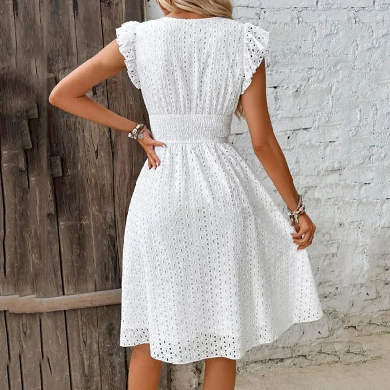 Breezy A-line knee-length summer dress for women, V-neck, comfortable casual wear.