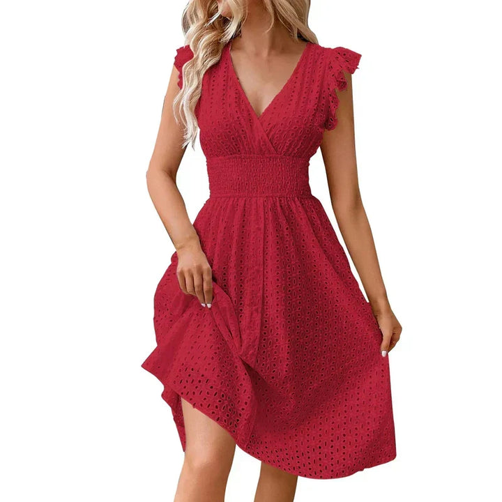 Stylish V-neck A-line women's summer midi dress with smocked waist & ruffle details.