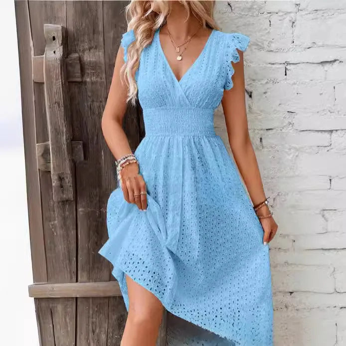 Women's casual V-neck summer dress, A-line fit, smocked waist, great for vacation.