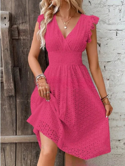 Women's beach V-neck midi dress, A-line, smocked waist, ideal for summer vacation.