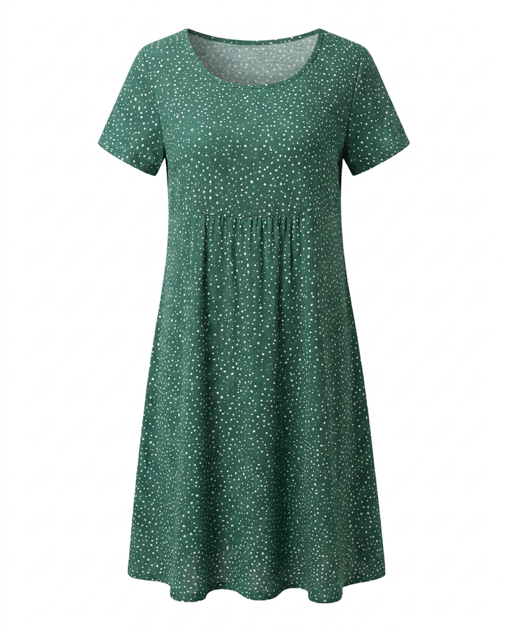 Flowy women's midi summer dress with a flattering V-neck and short sleeves, perfect for casual comfort.