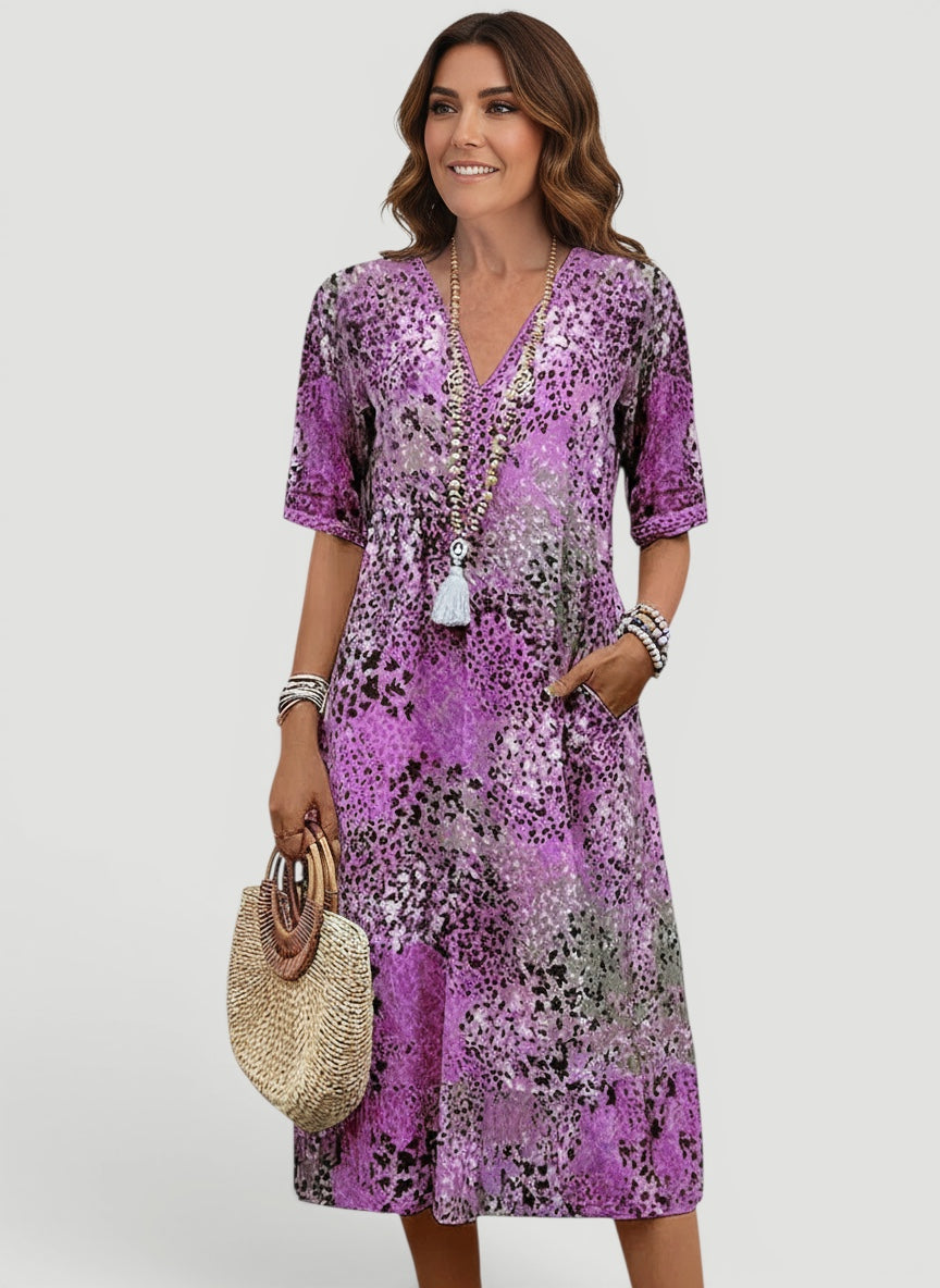 Elegant A-line V-neck midi dress for women, lightweight & relaxed fit, ideal for summer casual style.