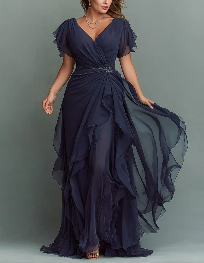 Women's V-Neck Tiered Ruffle Maxi Dress, elegant long gown perfect for formal evening events.