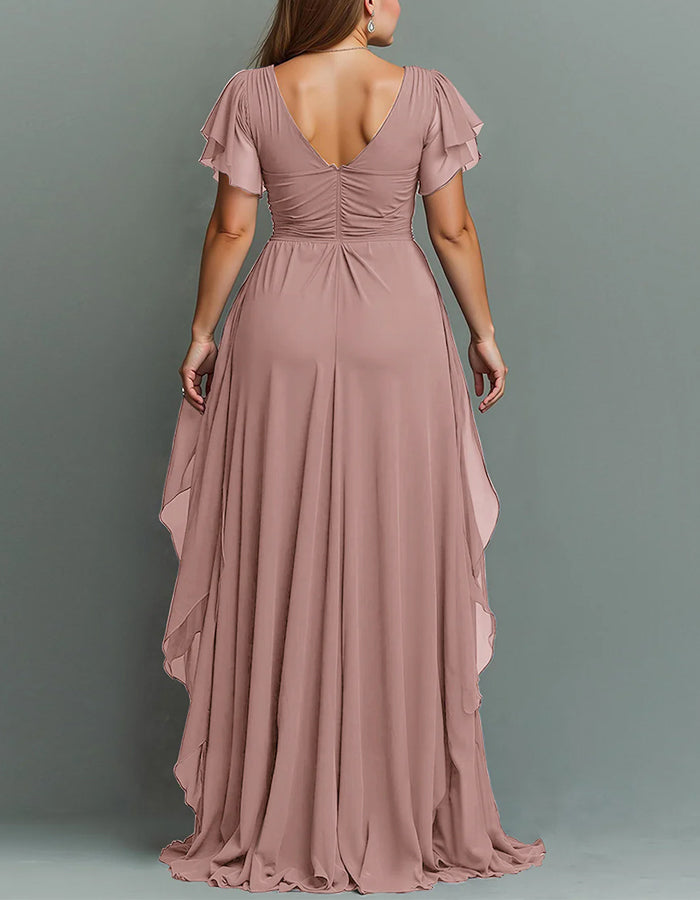 Elegant women's V-neck tiered maxi dress featuring cascading ruffles, perfect for evening.