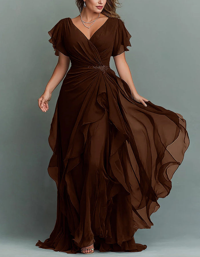 Long V-neck formal dress for women, designed with beautiful tiers and delicate ruffles.
