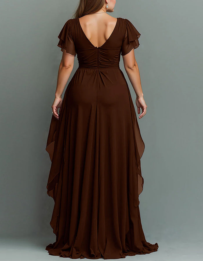 Glamorous V-neck tiered ruffle maxi dress, an ideal evening gown for any special occasion.