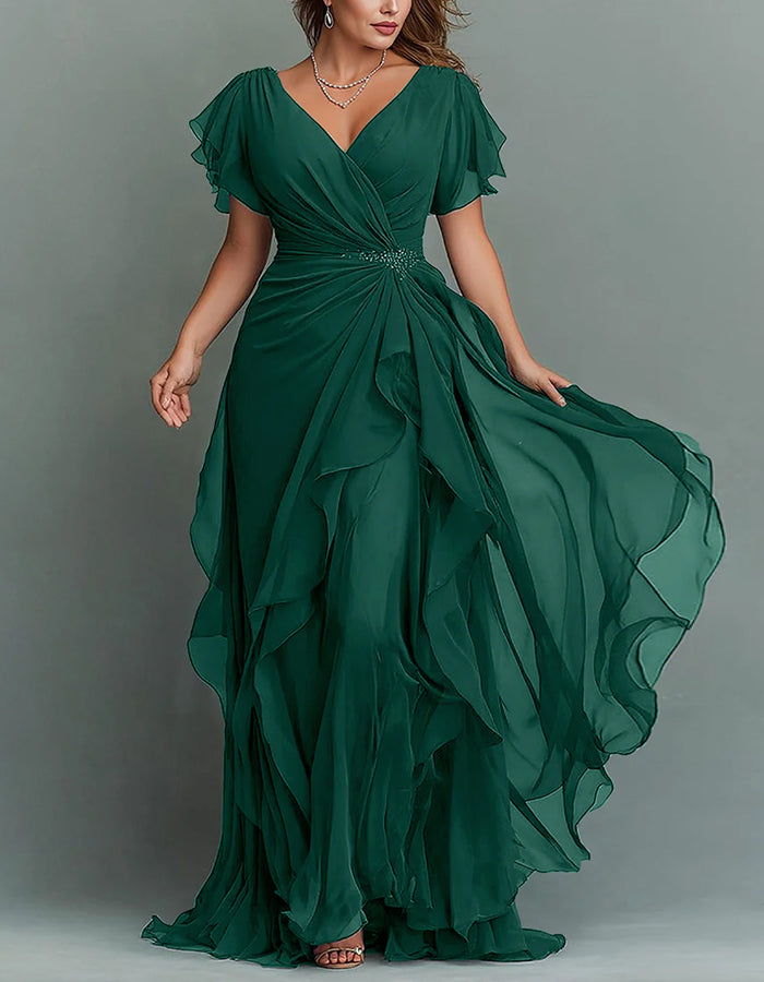 Women's V-neck tiered maxi dress with flattering ruffles, perfect for formal and elegant events.