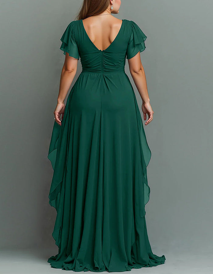 Wedding guest V-neck tiered ruffle maxi dress, a stylish and comfortable long formal gown.