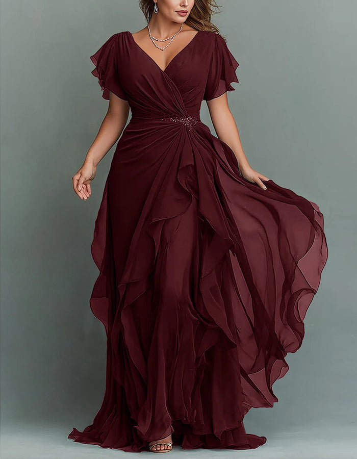 Special occasion V-neck tiered ruffle maxi dress, an elegant and glamorous long gown for women.