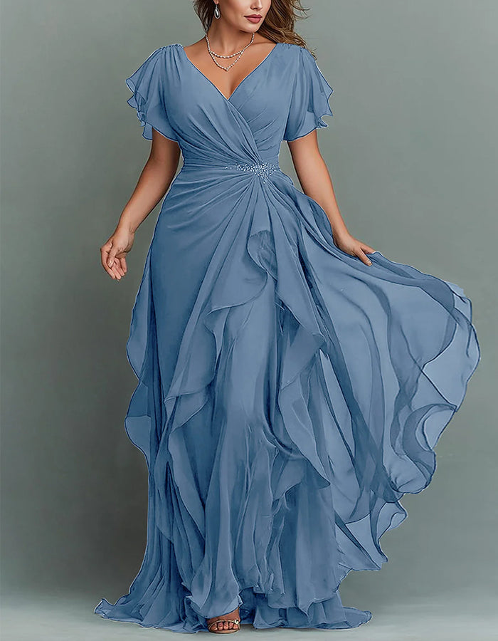 Elegant women's V-neck tiered maxi dress, featuring romantic ruffles and a flowing silhouette.