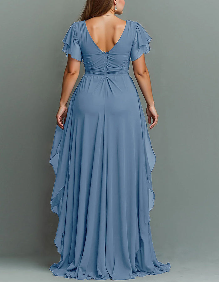 Formal V-neck tiered ruffle maxi dress, perfect for evening wear, prom, or sophisticated gatherings.