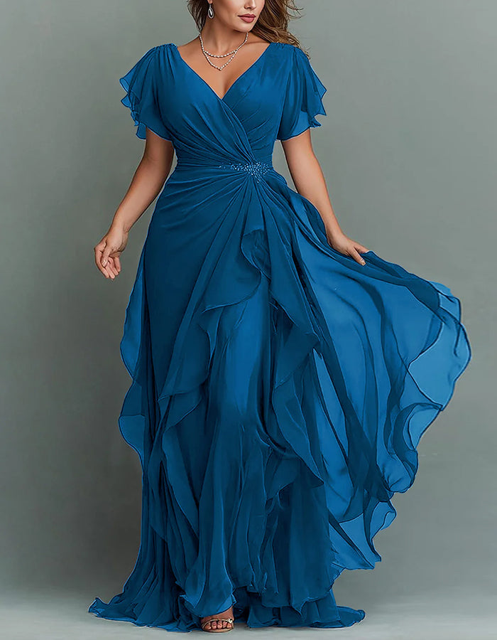 Women's long V-neck tiered maxi dress with graceful ruffles, ideal for a glamorous look.