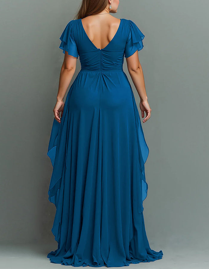 Beautiful V-neck tiered ruffle maxi dress, a stunning formal gown for weddings and events.