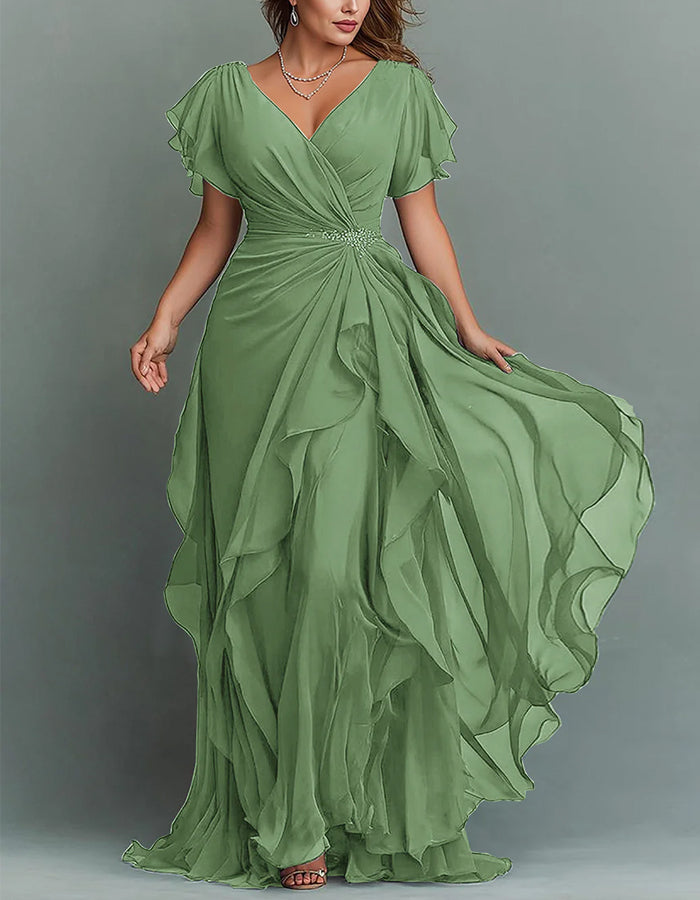 Sophisticated V-neck tiered maxi dress for women, accented with elegant ruffles, long & flowing.