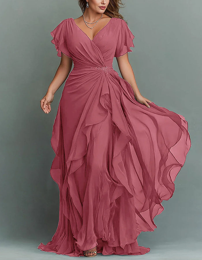 Elegant V-neck ruffle maxi dress, a chic tiered gown for special occasions and parties.
