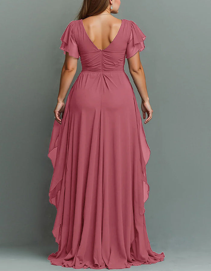Long tiered maxi dress for women featuring a stylish V-neck and delicate ruffle details.