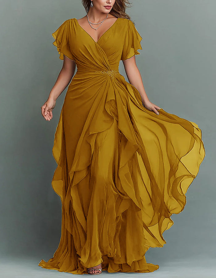 Women's formal V-neck tiered maxi dress with ruffles, an elegant evening gown silhouette.