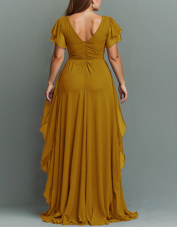Chic V-neck tiered ruffle maxi dress, perfect as a wedding guest or special occasion dress.