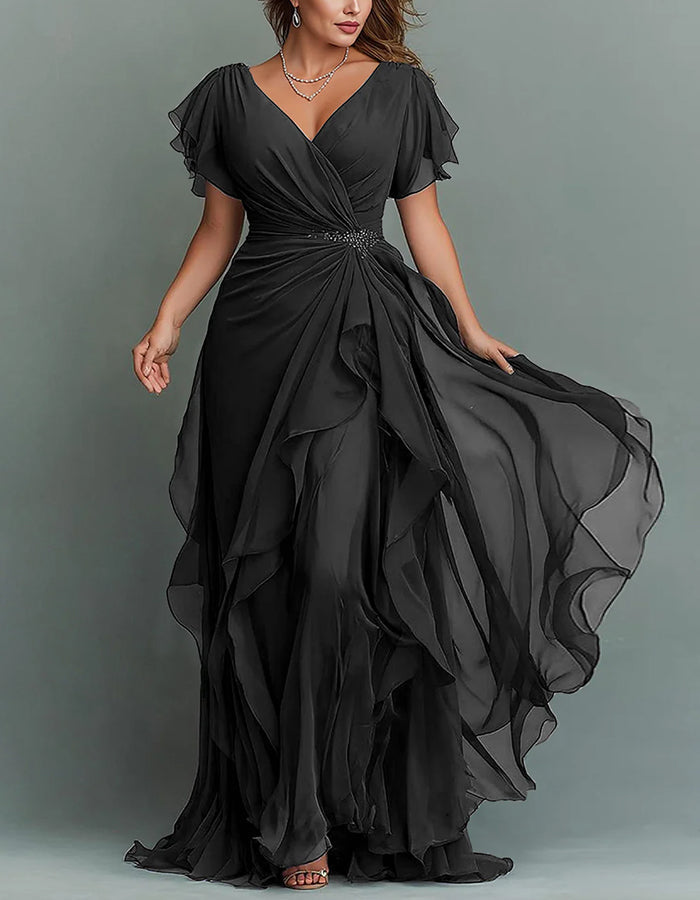 Flowing women's V-neck maxi dress with tiered ruffles, a sophisticated formal evening gown.