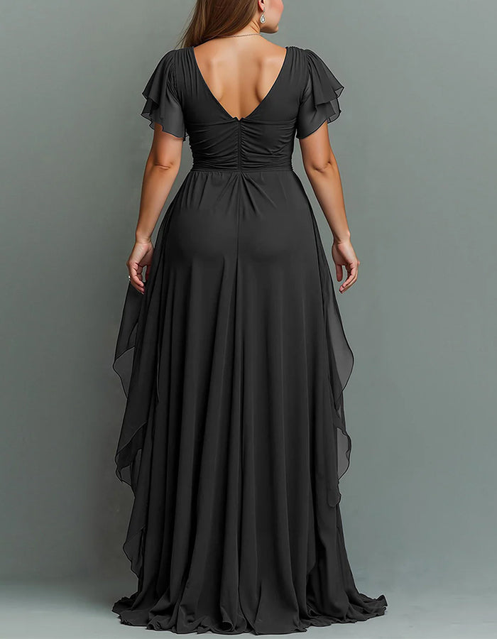 Prom-ready V-neck tiered maxi dress, elegant with romantic ruffles and a long skirt.