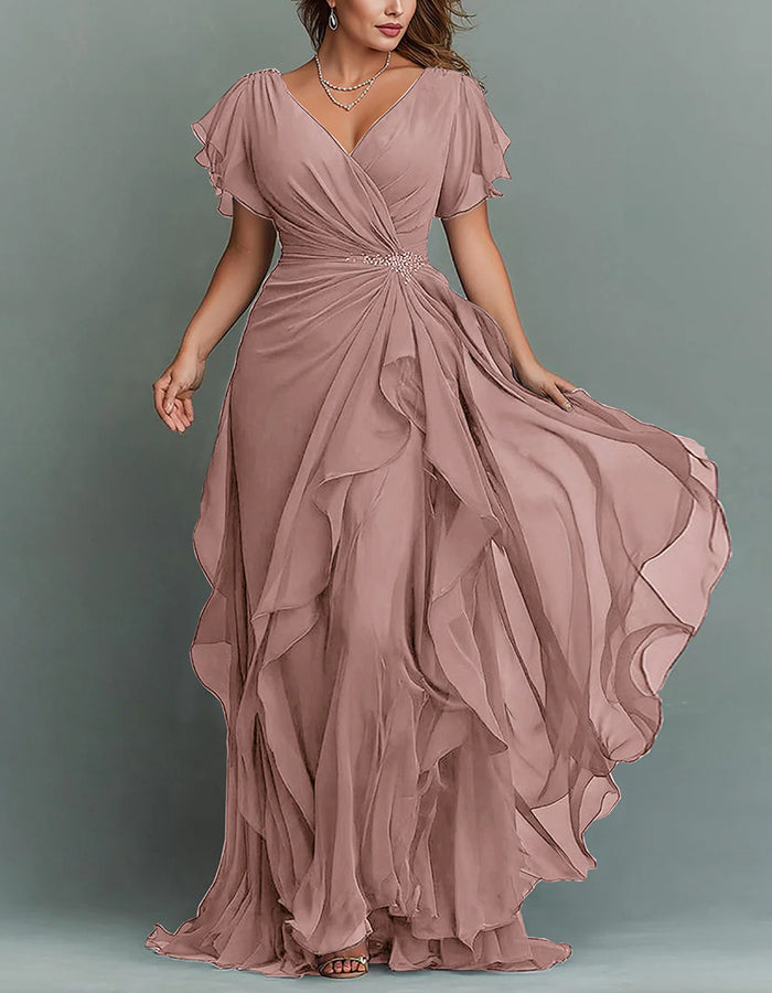 Sophisticated women's V-neck tiered ruffle maxi dress, a glamorous option for formal events.