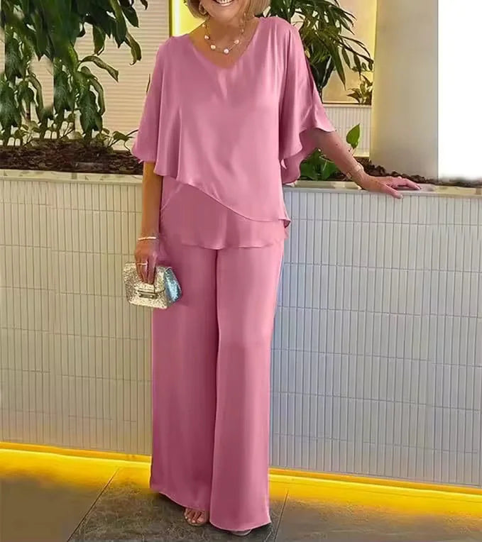 Comfortable women's fashion set: V-neck top & wide-leg pants. Effortless, stylish ladies ensemble for everyday wear.