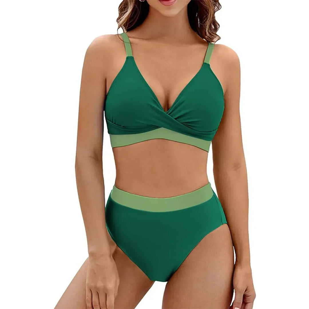 Women's two-piece V-neck bikini beachwear. Features tummy control for a shaping silhouette.