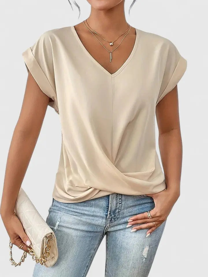 Women's V-Neck Twist Front Short Sleeve Top in a casual, stylish, and comfortable design.