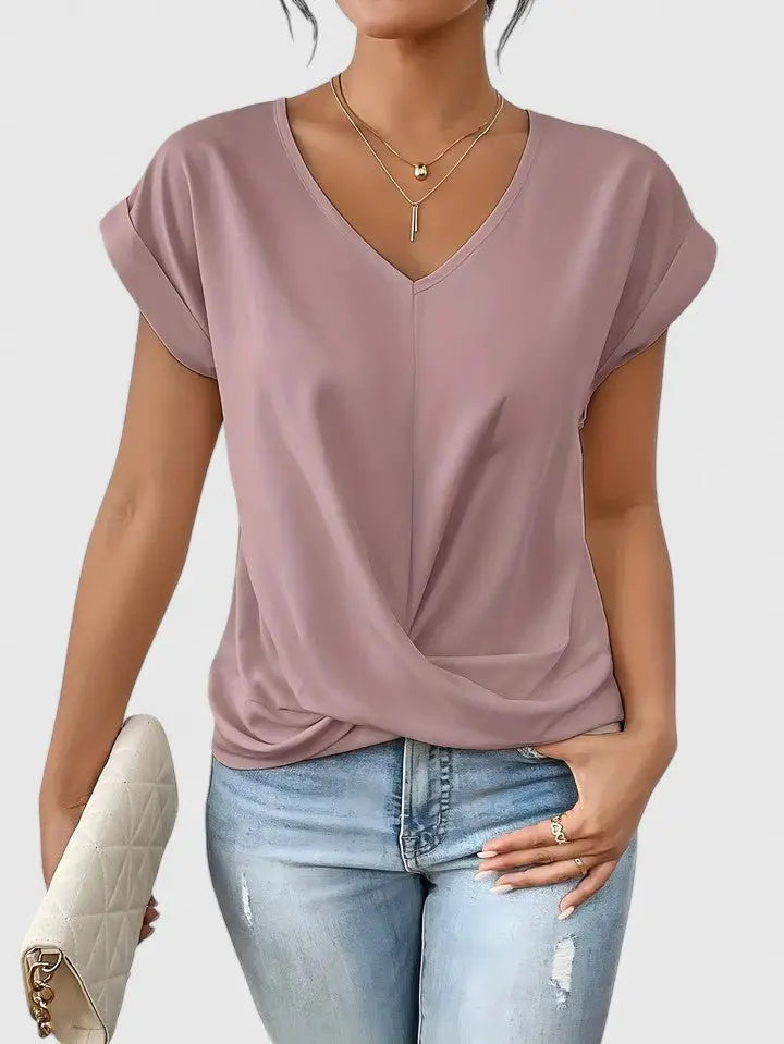 Effortless women's casual short sleeve V-neck blouse, designed with a chic twist front for comfort.