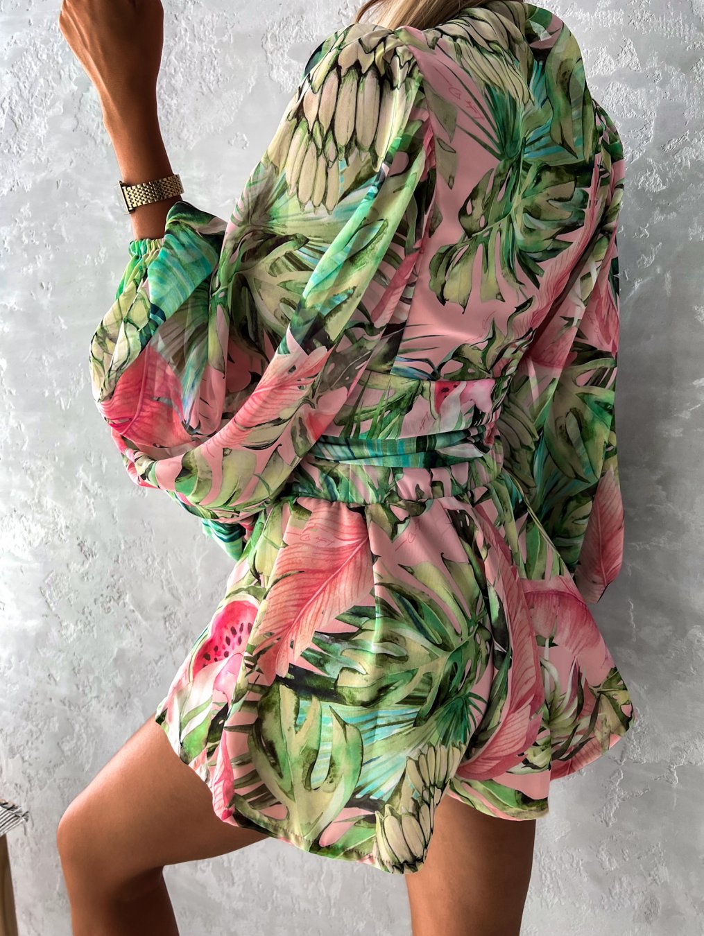 Perfectly coordinated V-neck short set for women, with a wrap top, tie waist & elegant balloon sleeves.