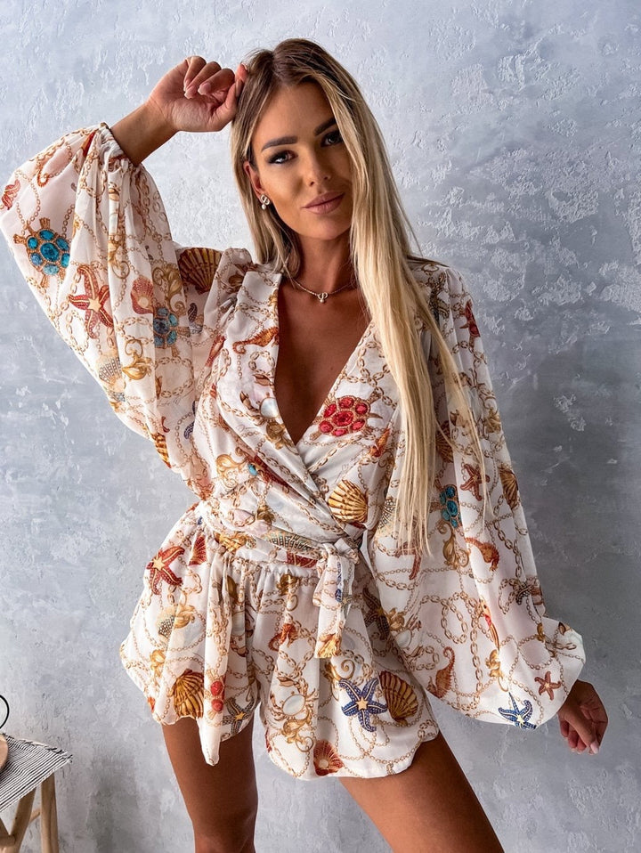 Stylish women's V-neck wrap front short set with tie waist. A chic two-piece summer outfit.