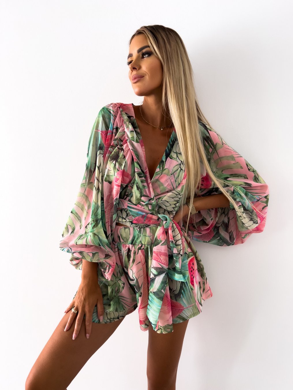 Lightweight & breathable V-neck wrap front short set with tie waist. Ultimate comfort for summer wear.