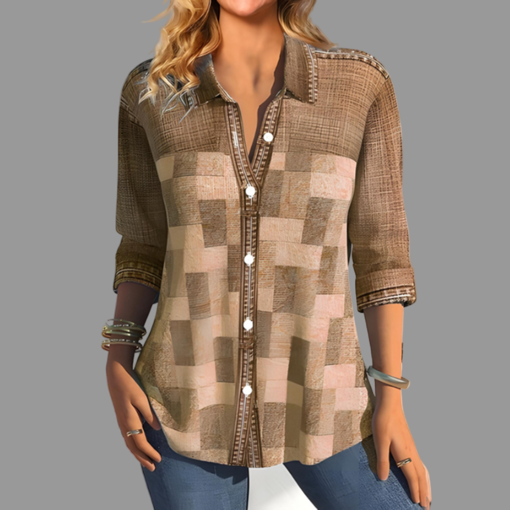 Women's versatile khaki button-front blouse with long sleeves, perfect for casual or workwear. Everyday comfort top.