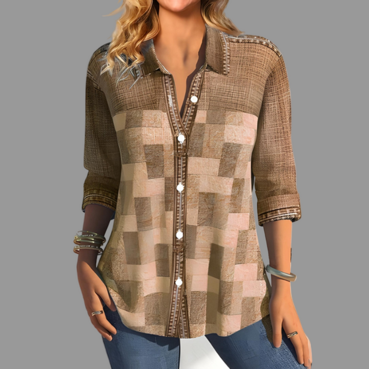 Women's versatile khaki button-front blouse with long sleeves, perfect for casual or workwear. Everyday comfort top.
