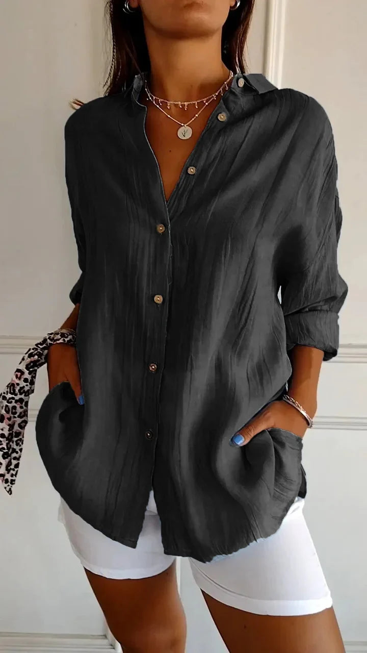 Effortless style women's button-down shirt, a casual yet elegant long-sleeve choice for daily wear.