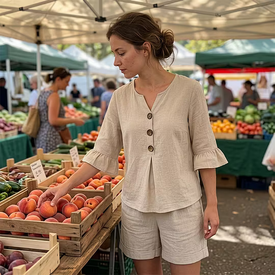 Woman posing in a trendy two-piece casual set, a comfortable and versatile fashion choice.