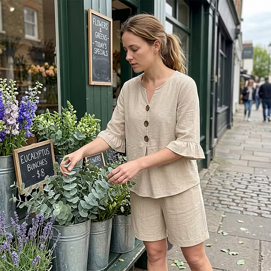 Side profile of a woman in a relaxed two-piece set, ideal comfortable loungewear.
