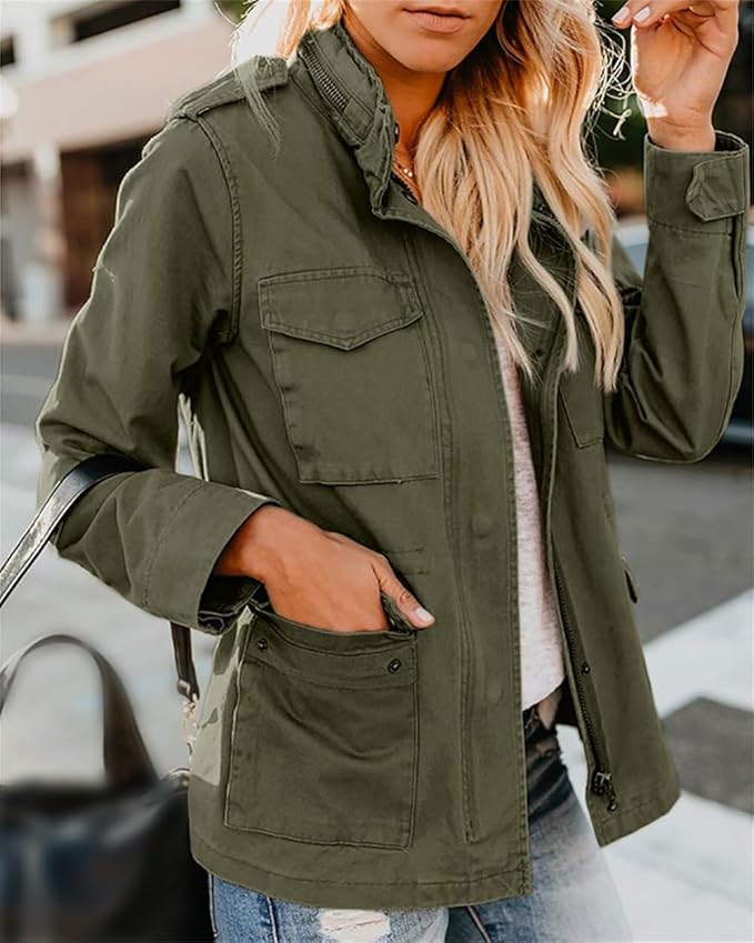 Women's versatile utility jacket with multiple functional pockets for everyday style and casual outerwear.