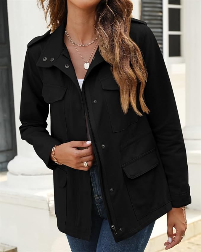Functional women's utility jacket featuring multi-pockets, ideal versatile outerwear for everyday wear.
