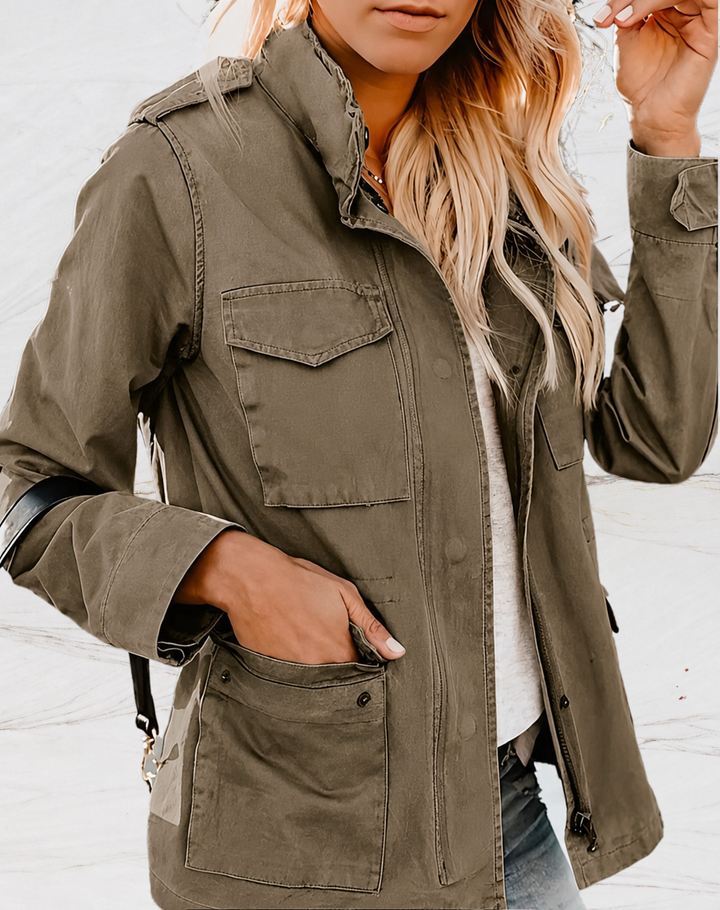 Stylish women's zip jacket, lightweight with ample storage & multiple pockets. Ideal fashion outerwear for versatile wear.