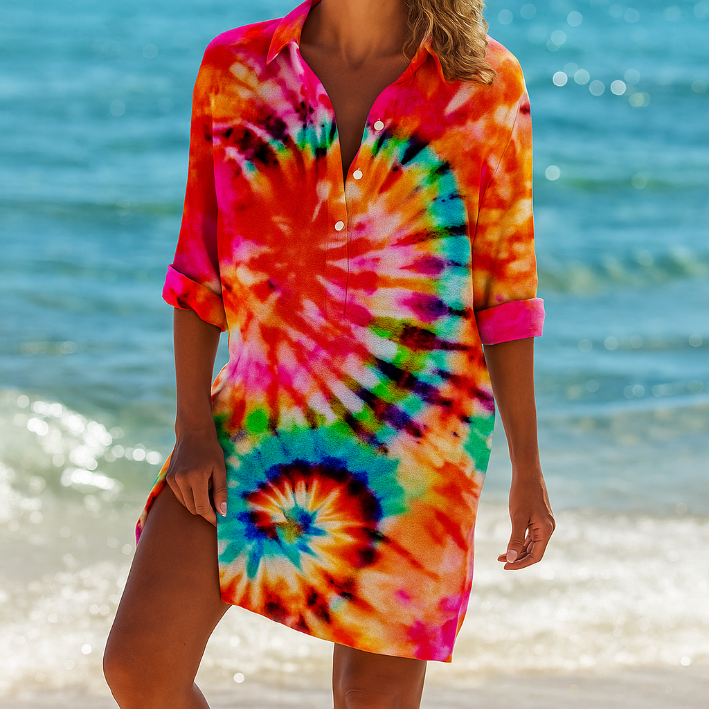 Women's vibrant boho flowy short dress, perfect as a beach cover-up or summer vacation wear.
