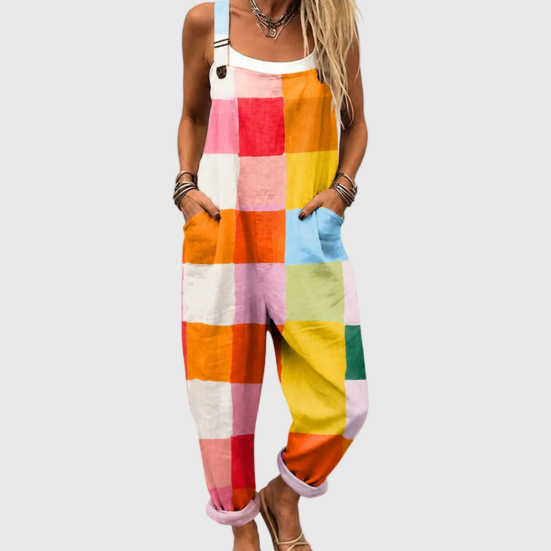 Women's vibrant color block jumpsuit for summer. Comfy, relaxed fit, perfect for resort wear & vacation outfits.
