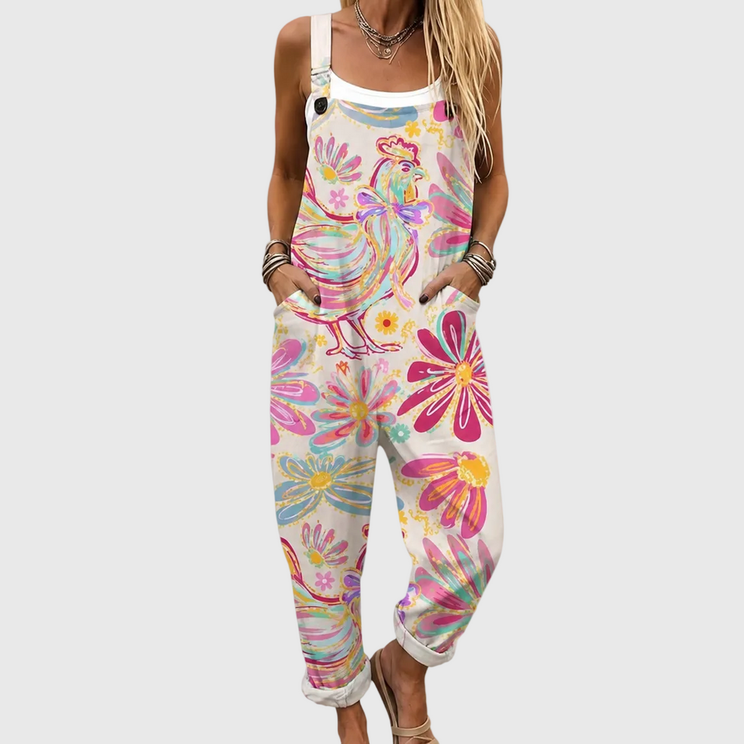 Women's vibrant floral dungarees jumpsuit, featuring a cheerful artistic print & comfortable relaxed fit for summer casual wear.