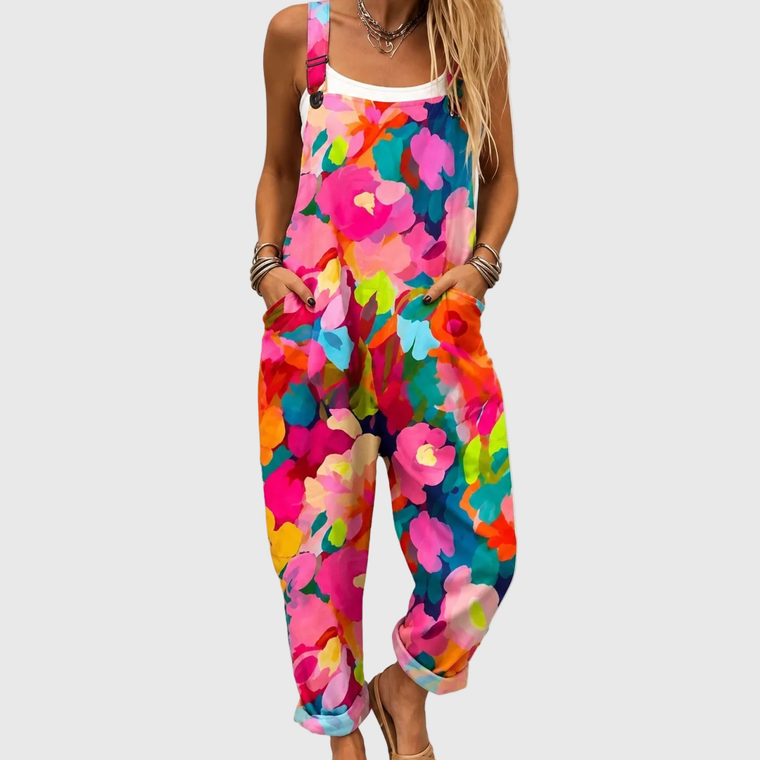 Women's vibrant floral print jumpsuit overalls, a relaxed fit casual summer outfit for ultimate comfort & style.